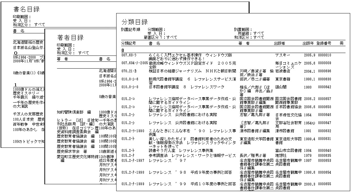 印刷した蔵書目録の見本。書名目録・著者目録・分類目録の3種類が重ねて並ぶ