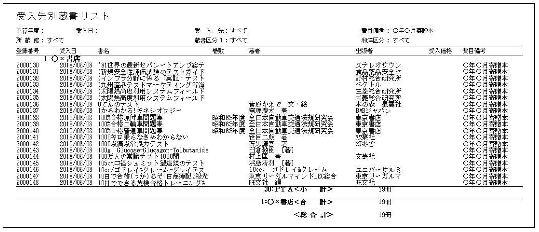 受入先別蔵書リストの出力見本。受入先ごとに登録番号・受入日・書名・著者・出版者・費目備考が並び、冊数が集計される