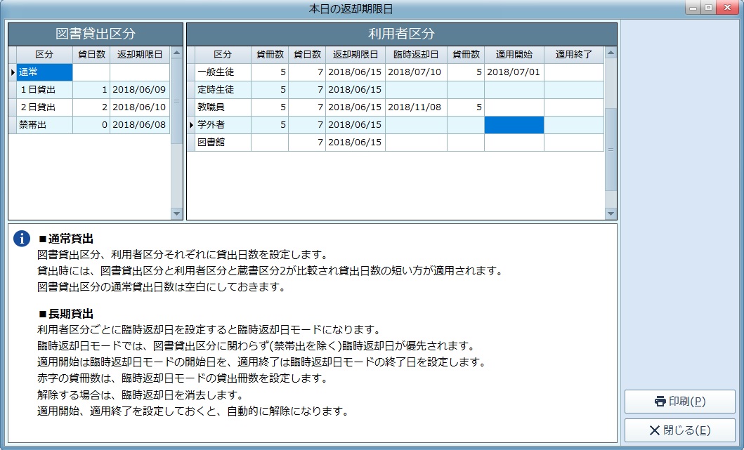 本日の返却期限日の設定画面。図書貸出区分と利用者区分ごとに貸出冊数・貸出日数・返却期限日・臨時返却日を設定できる